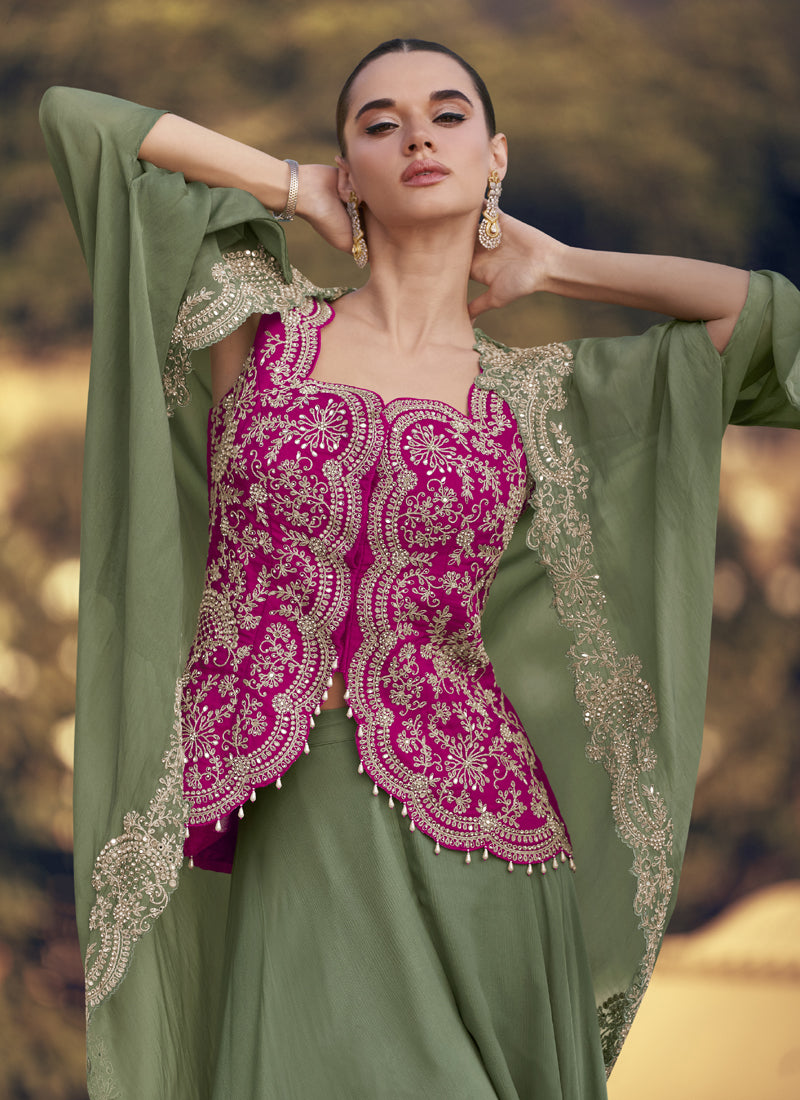 Mehendi Chinon Silk Embroidered Western Palazzo Suit