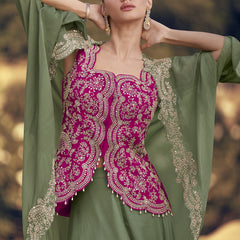 Mehendi Chinon Silk Embroidered Western Palazzo Suit