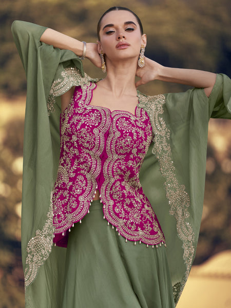 Mehendi Chinon Silk Embroidered Western Palazzo Suit