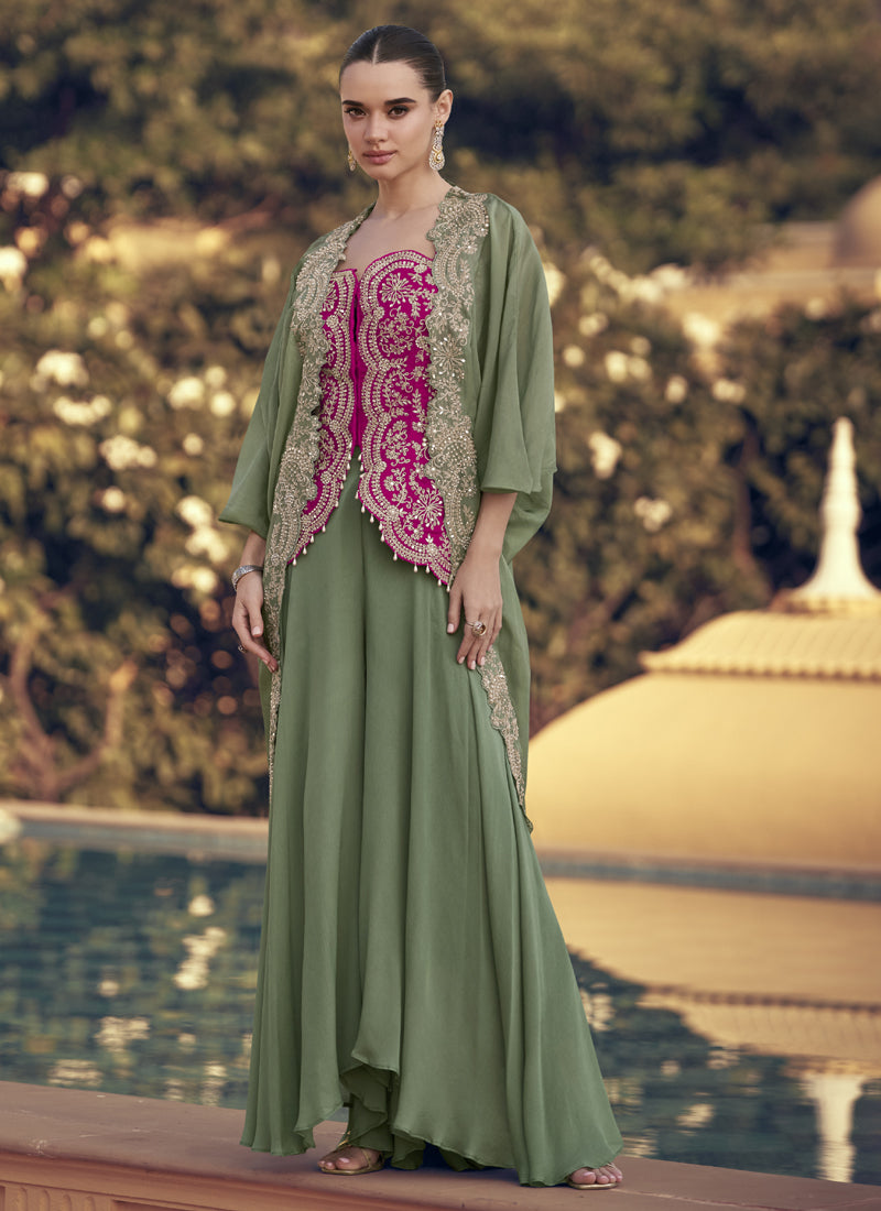 Mehendi Chinon Silk Embroidered Western Palazzo Suit