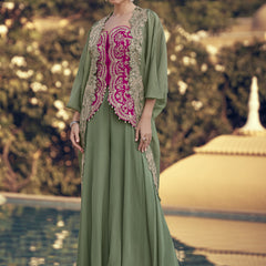 Mehendi Chinon Silk Embroidered Western Palazzo Suit