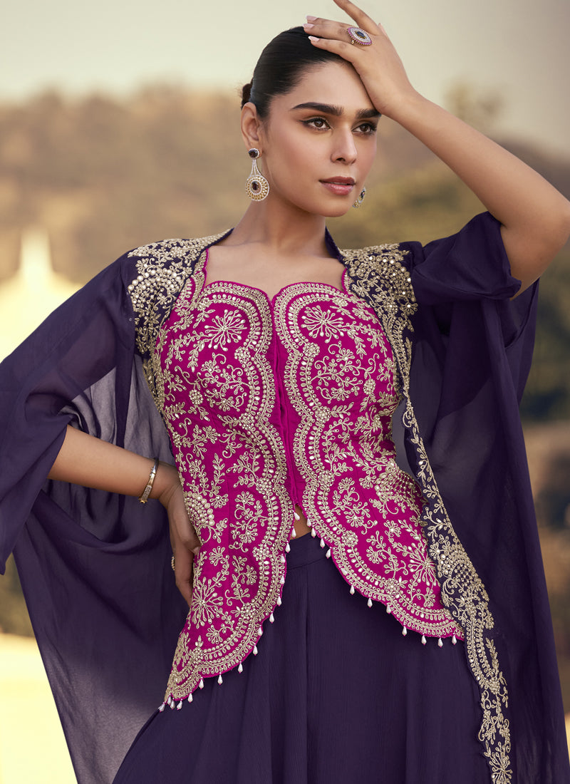Purple Chinon Silk Embroidered Western Palazzo Suit