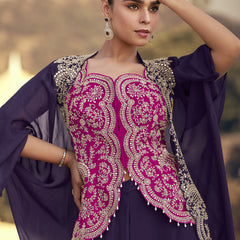 Purple Chinon Silk Embroidered Western Palazzo Suit
