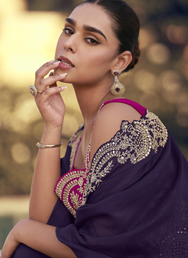 Purple Chinon Silk Embroidered Western Palazzo Suit