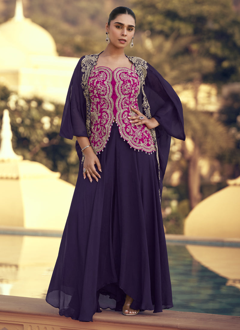 Purple Chinon Silk Embroidered Western Palazzo Suit