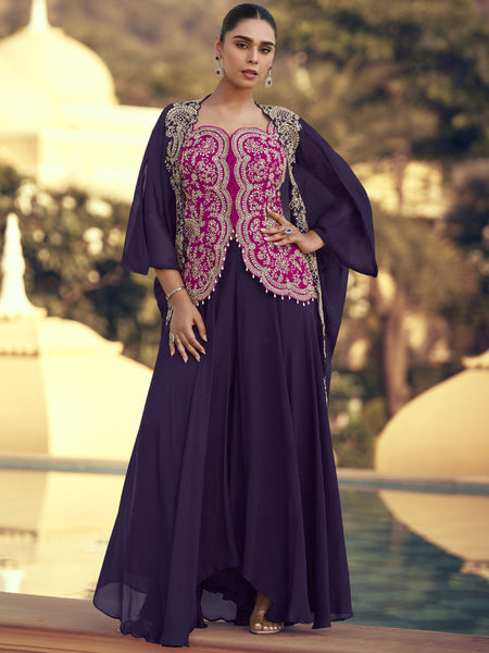 Purple Chinon Silk Embroidered Western Palazzo Suit