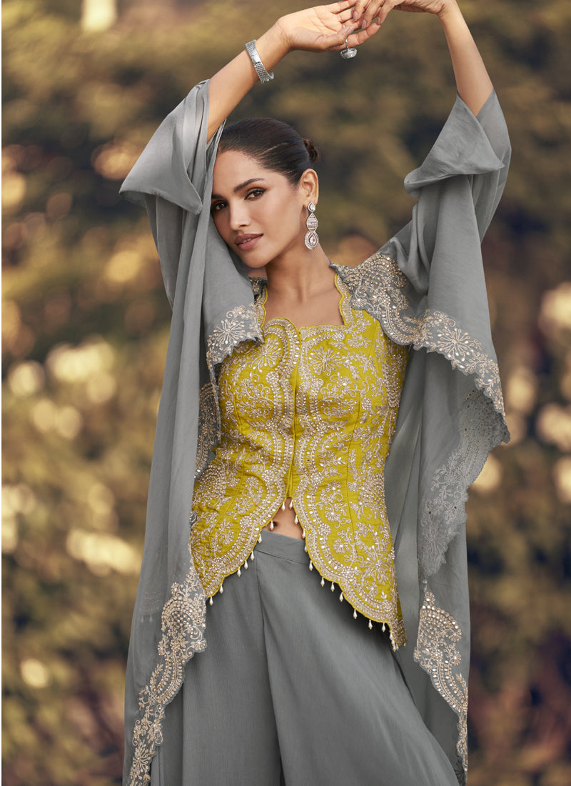 Grey Chinon Silk Embroidered Western Palazzo Suit