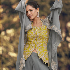 Grey Chinon Silk Embroidered Western Palazzo Suit