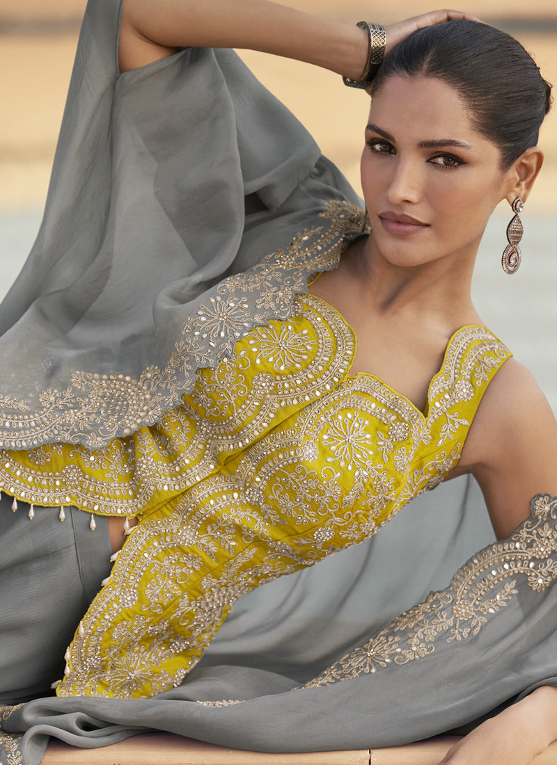 Grey Chinon Silk Embroidered Western Palazzo Suit
