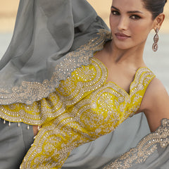 Grey Chinon Silk Embroidered Western Palazzo Suit