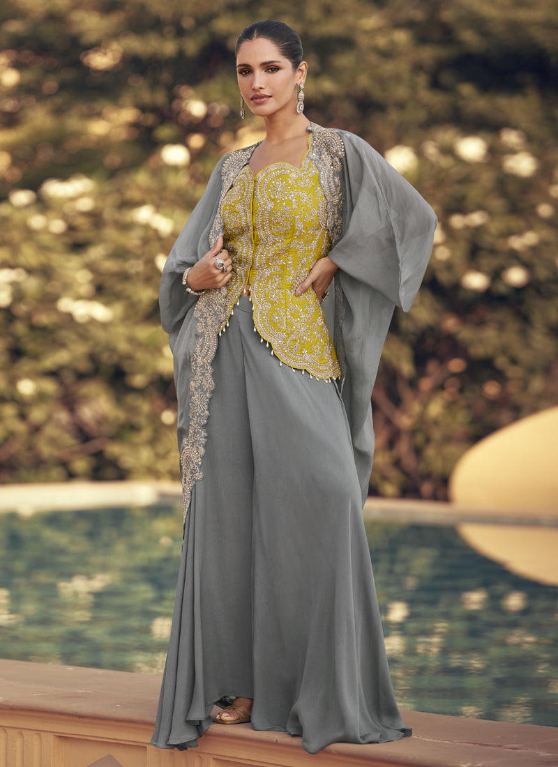 Grey Chinon Silk Embroidered Western Palazzo Suit