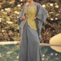 Grey Chinon Silk Embroidered Western Palazzo Suit