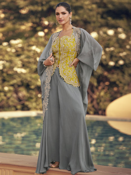 Grey Chinon Silk Embroidered Western Palazzo Suit