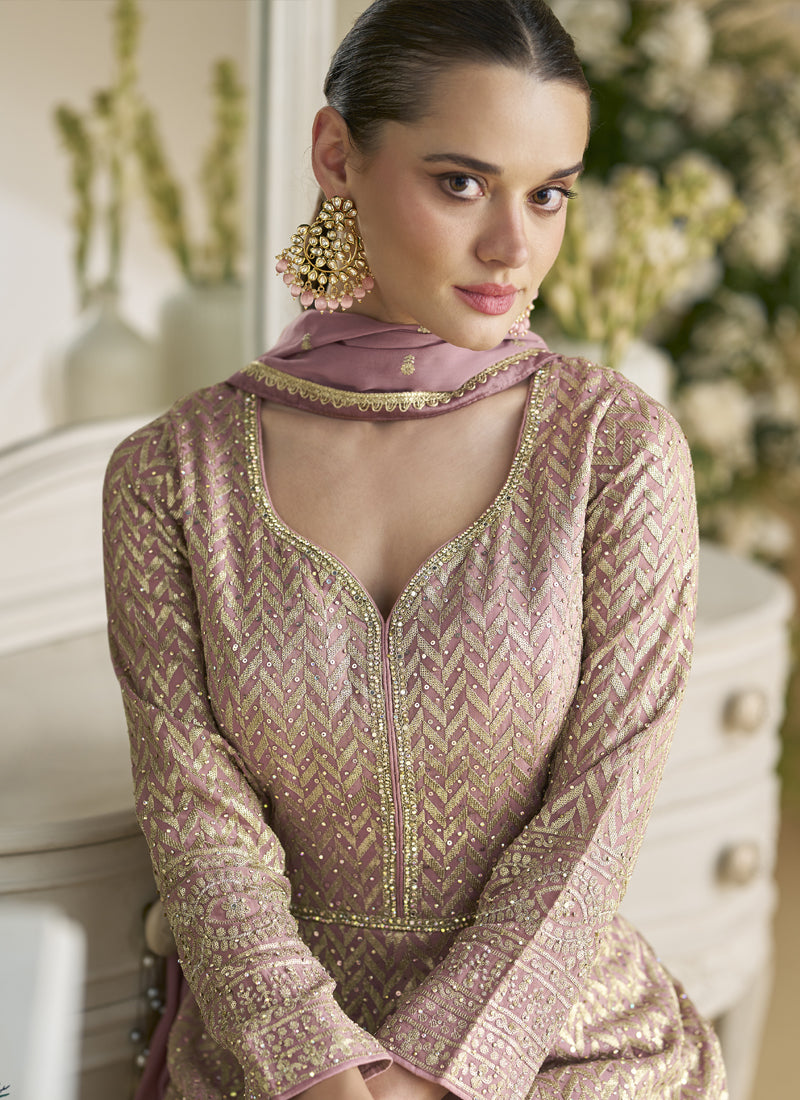 Onion Pink Georgette Embroidered Seroski Zarkan Anarkali Suit