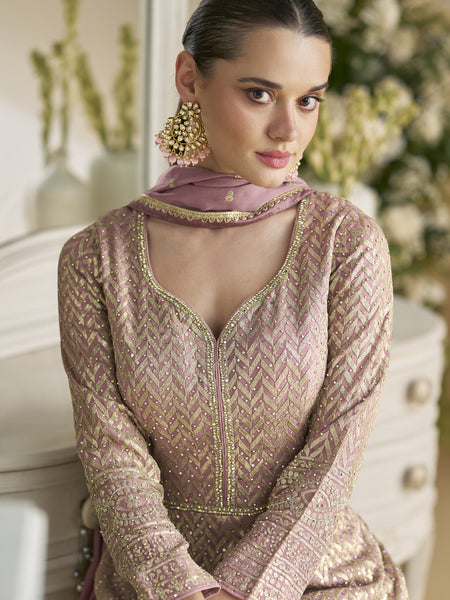 Onion Pink Georgette Embroidered Seroski Zarkan Anarkali Suit
