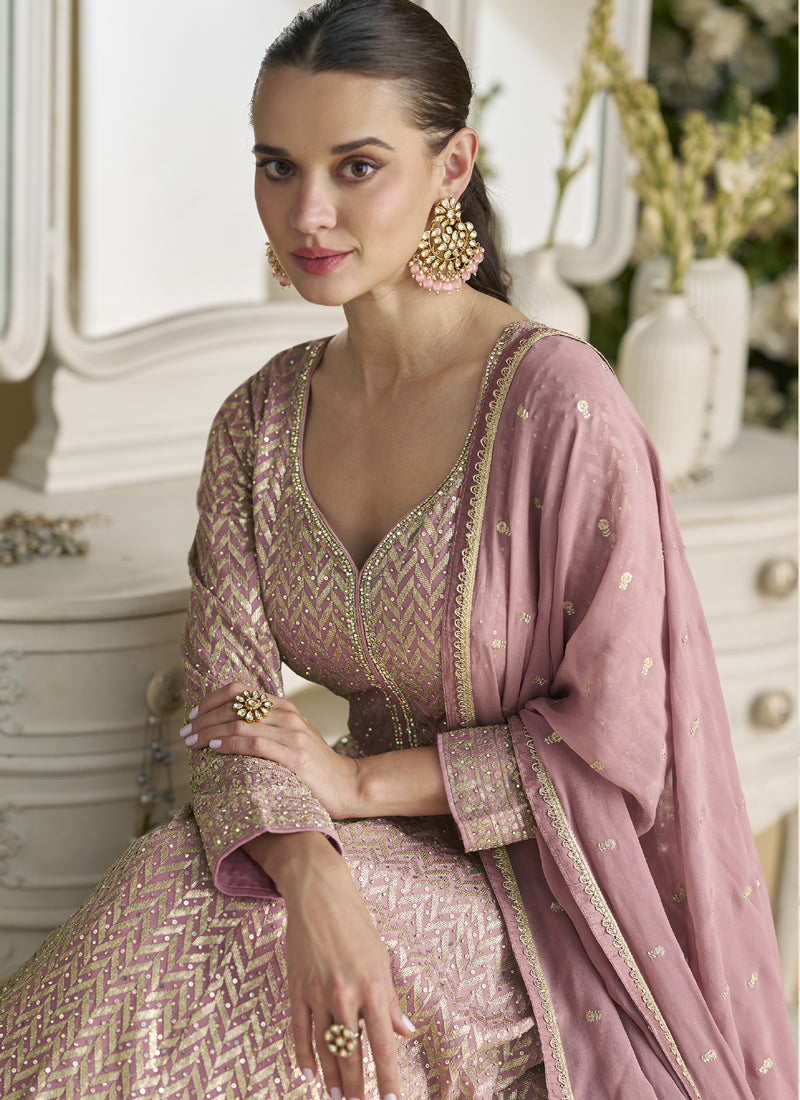 Onion Pink Georgette Embroidered Seroski Zarkan Anarkali Suit