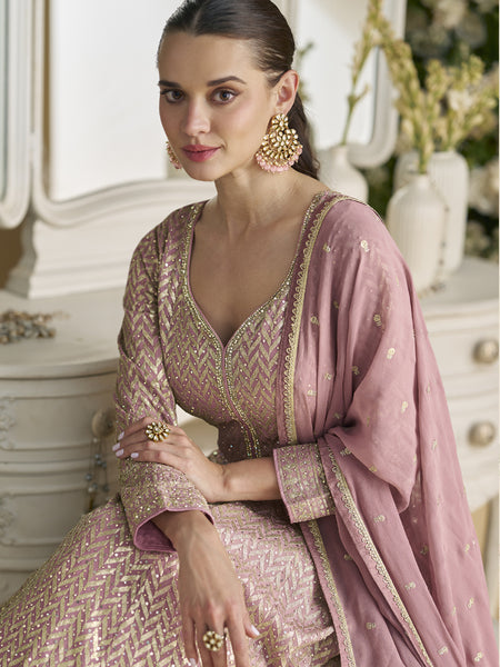 Onion Pink Georgette Embroidered Seroski Zarkan Anarkali Suit