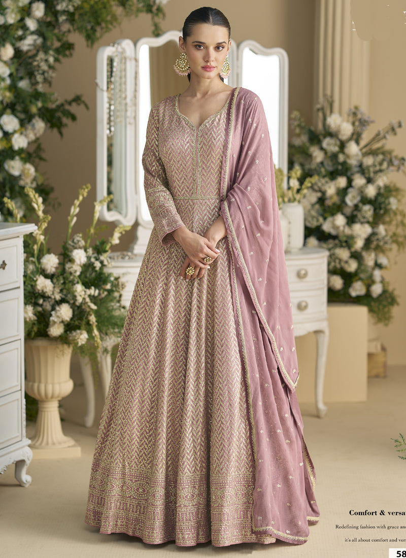 Onion Pink Georgette Embroidered Seroski Zarkan Anarkali Suit