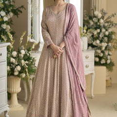 Onion Pink Georgette Embroidered Seroski Zarkan Anarkali Suit