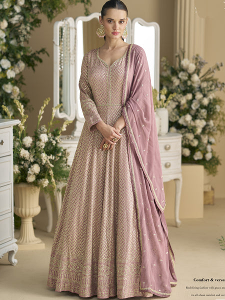 Onion Pink Georgette Embroidered Seroski Zarkan Anarkali Suit