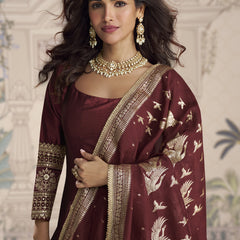 Maroon Viscos Jacquard Silk Embroidered Gown With Viscos Dupatta