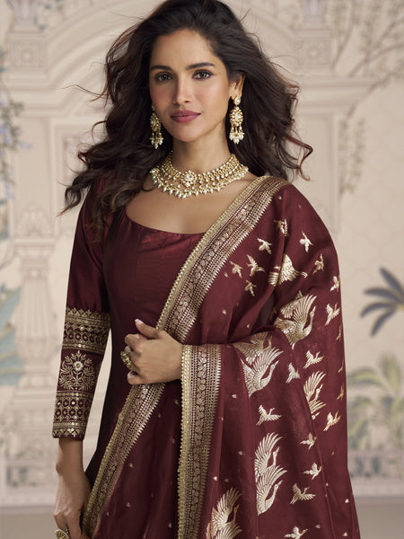 Maroon Viscos Jacquard Silk Embroidered Gown With Viscos Dupatta