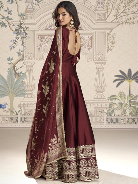 Maroon Viscos Jacquard Silk Embroidered Gown With Viscos Dupatta