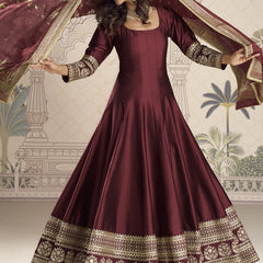 Maroon Viscos Jacquard Silk Embroidered Gown With Viscos Dupatta