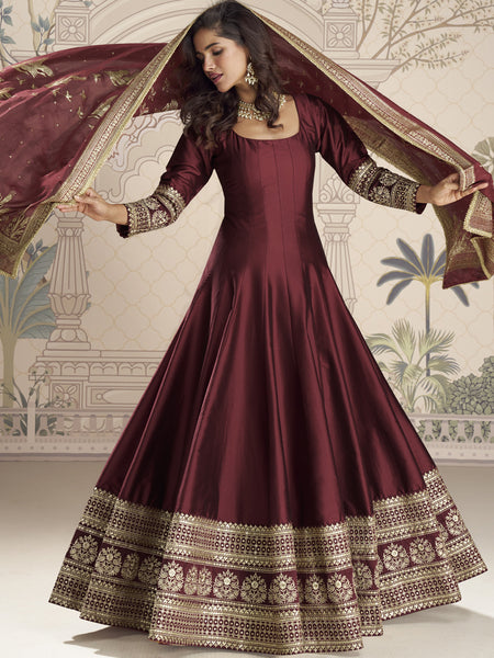 Maroon Viscos Jacquard Silk Embroidered Gown With Viscos Dupatta