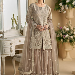 Beige Net Embroidered Sequence Designer Palazzo Suit