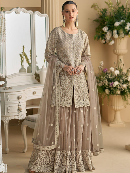 Beige Net Embroidered Sequence Designer Palazzo Suit