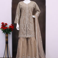 Beige Net Embroidered Sequence Designer Palazzo Suit