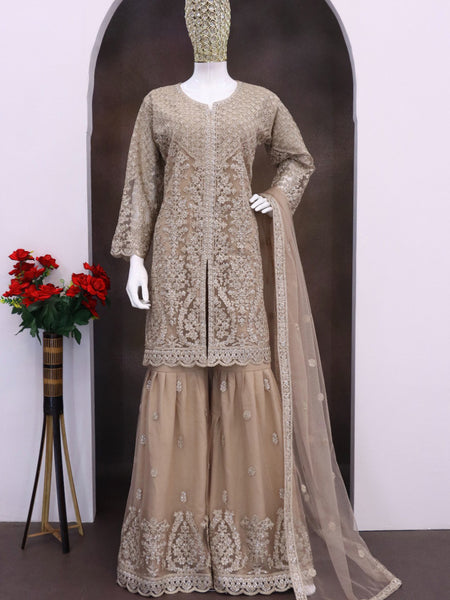 Beige Net Embroidered Sequence Designer Palazzo Suit