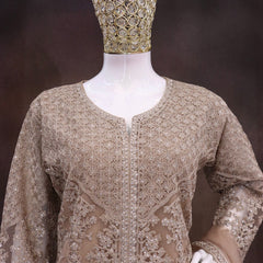Beige Net Embroidered Sequence Designer Palazzo Suit
