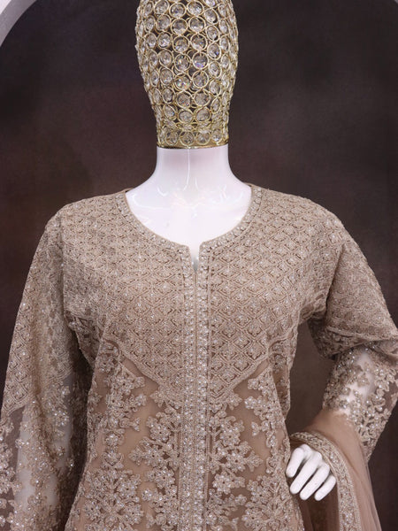 Beige Net Embroidered Sequence Designer Palazzo Suit