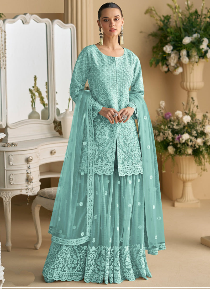 Turquoise Net Embroidered Sequence Designer Palazzo Suit