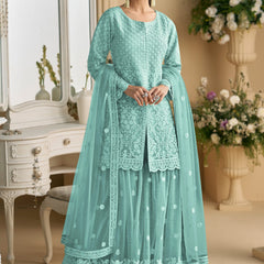 Turquoise Net Embroidered Sequence Designer Palazzo Suit