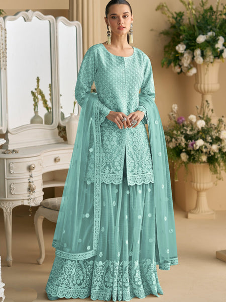 Turquoise Net Embroidered Sequence Designer Palazzo Suit