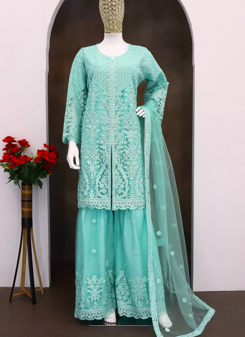 Turquoise Net Embroidered Sequence Designer Palazzo Suit