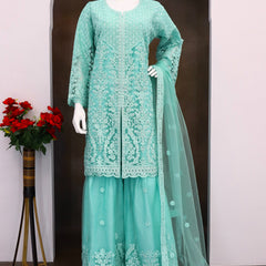 Turquoise Net Embroidered Sequence Designer Palazzo Suit
