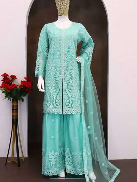 Turquoise Net Embroidered Sequence Designer Palazzo Suit