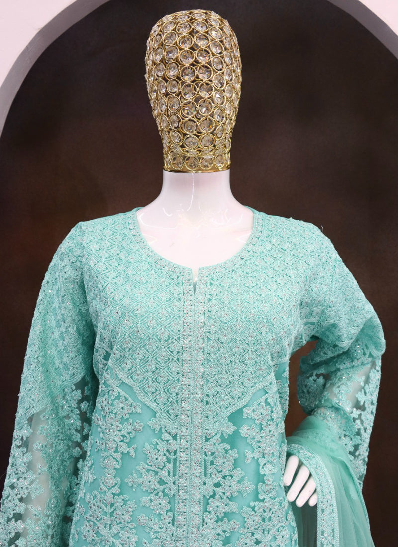 Turquoise Net Embroidered Sequence Designer Palazzo Suit