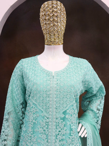 Turquoise Net Embroidered Sequence Designer Palazzo Suit