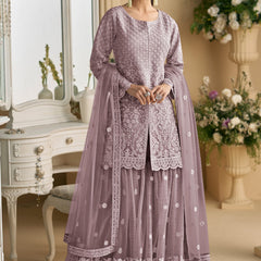 Onion Pink Net Embroidered Sequence Designer Palazzo Suit