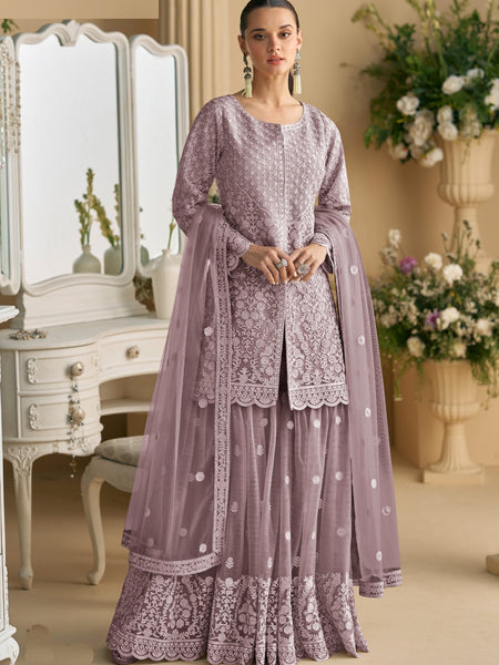 Onion Pink Net Embroidered Sequence Designer Palazzo Suit