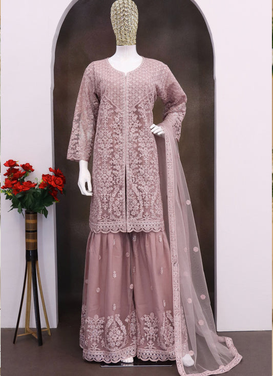 Onion Pink Net Embroidered Sequence Designer Palazzo Suit