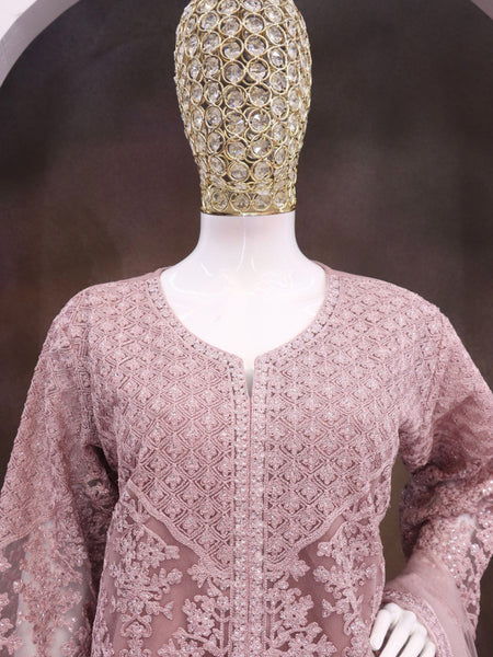 Onion Pink Net Embroidered Sequence Designer Palazzo Suit