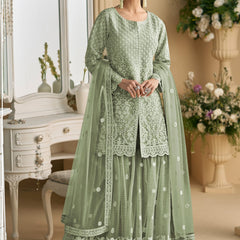 Lime Green Net Embroidered Sequence Designer Palazzo Suit