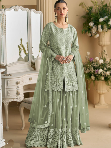 Lime Green Net Embroidered Sequence Designer Palazzo Suit