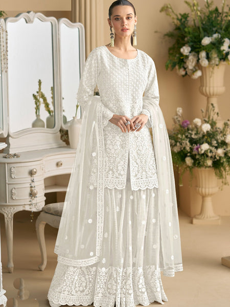 Off White Net Embroidered Sequence Designer Palazzo Suit